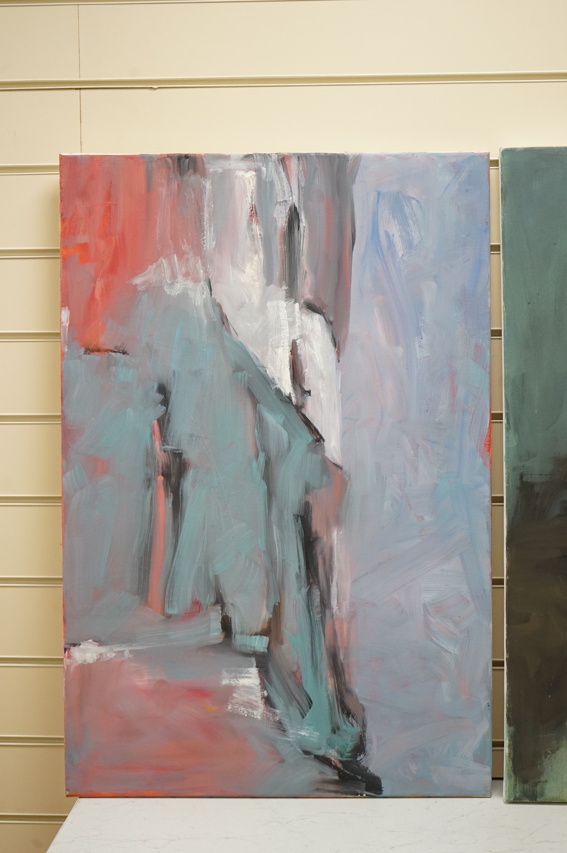 Billie Newey (Contemporary), two abstract compositions, unsigned, unframed, oils on canvas, largest 61 x 76cm